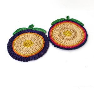 Woven Wicker Rattan Trivets Boho Straw Raffia Multi-Color Set Of 2 Apple Shaped